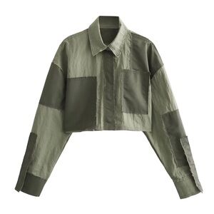 ZARA Cropped Patchwork Nylon Shirt jacket Military green Size Small New